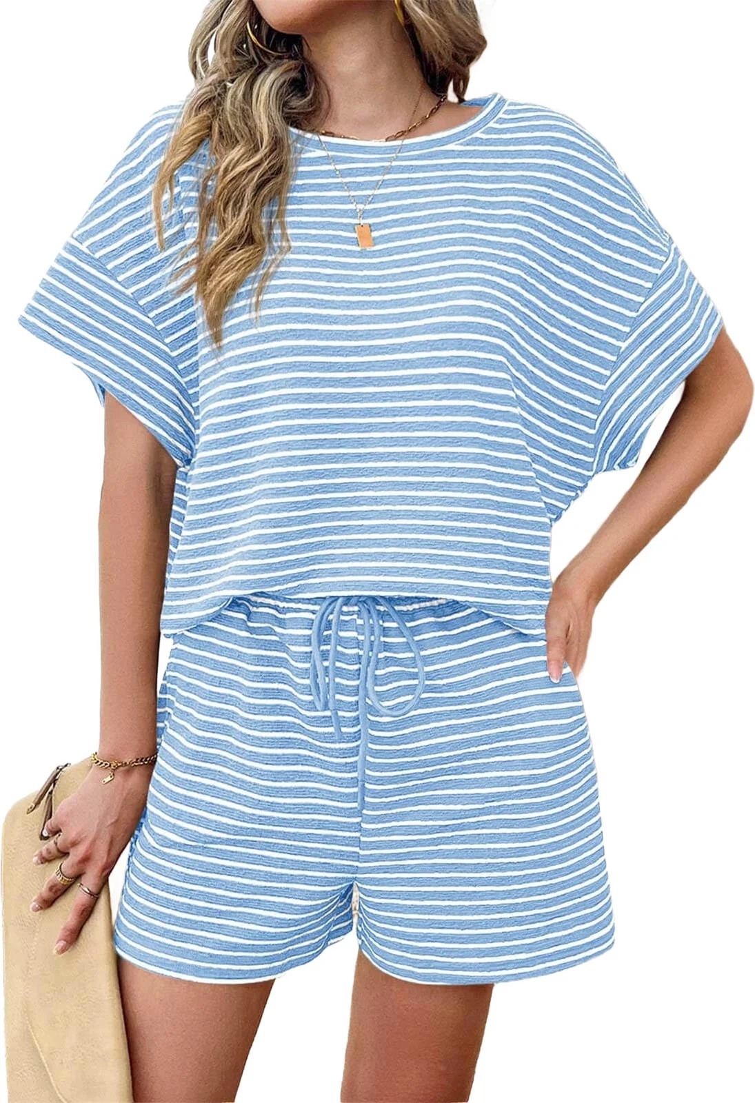 Womens 2 Piece Sets Summer Lounge Sets Striped Short Sleeve Oversized T Shirts Drawstring Shorts ... | Walmart (US)