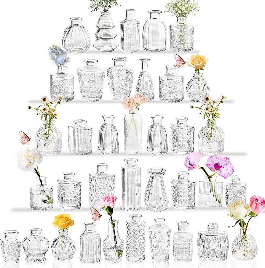 36 Pcs Bud Vases Set, Small Bud Vases in Bulk, Clear Glass Flower Vases, Multiple Shape Cute Vint... | Amazon (US)