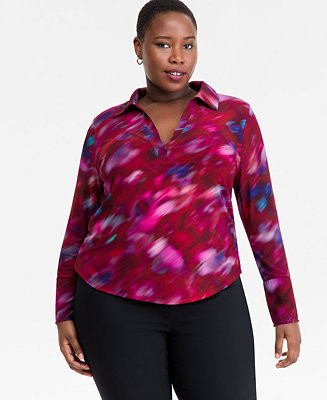I.N.C. International Concepts Plus Size Printed Collared Top, Macy's Exclusive  - Macy's | Macy's