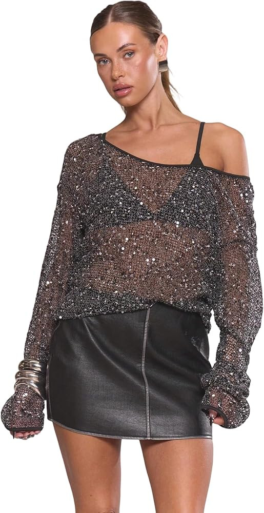 MakeMeChic Women's Sequin Crochet Sheer T Shirt Cover Up Hollow Out Long Sleeve Y2k Tee Tops | Amazon (US)