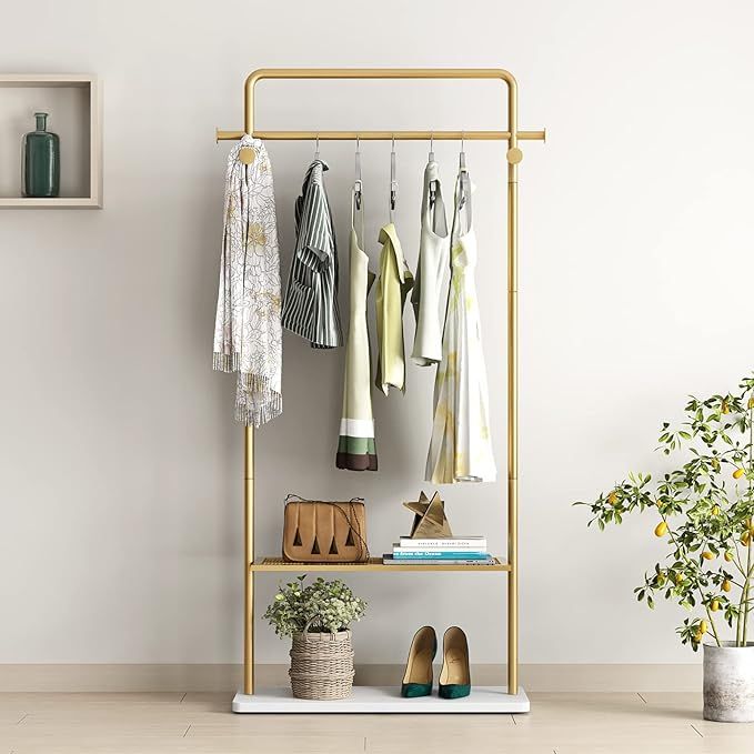 TIEOU Gold Clothes Rack with Shelf, Gold Clothing Racks for Boutiques, Free-Standing Garment Rack... | Amazon (US)