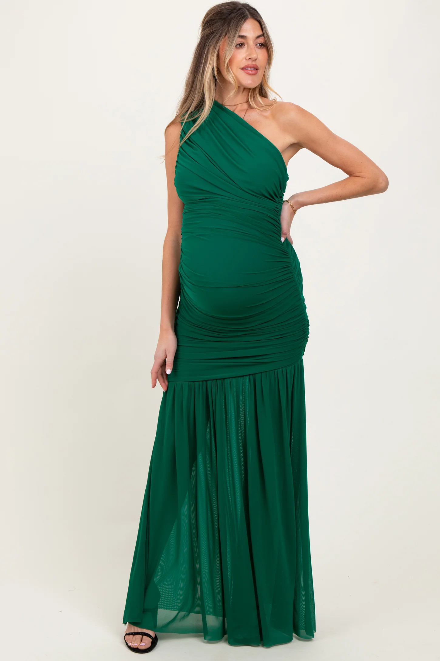 Black Ruched Mesh One Shoulder Maternity Maxi Dress | PinkBlush Maternity
