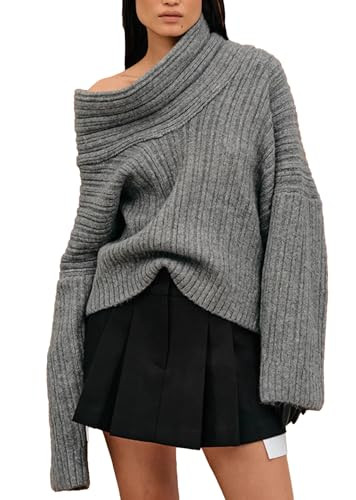 Unybwonn Women Off Shoulder Sweater Top Long Sleeve Knitted Pullover Casual Loose Oversized Trendy Vintage Knitwear Tops Grey | Amazon (US)