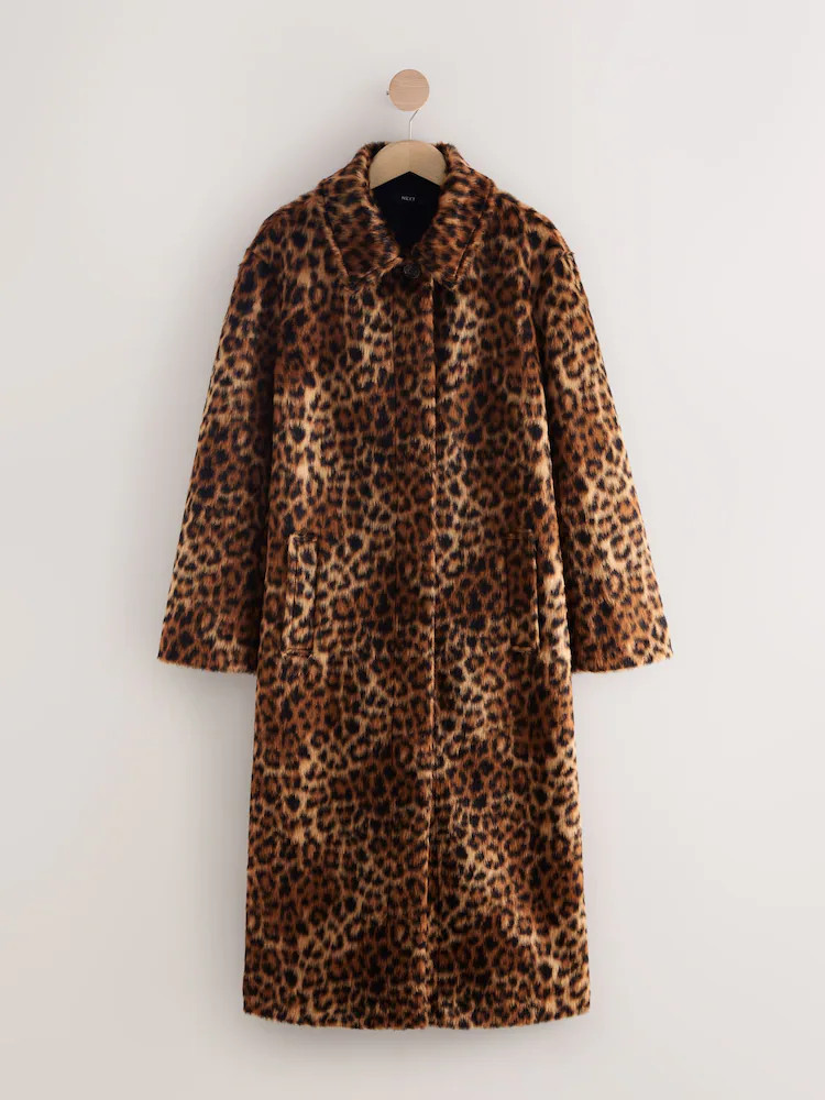 Leopard Print Faux Fur Long Coat | Next US