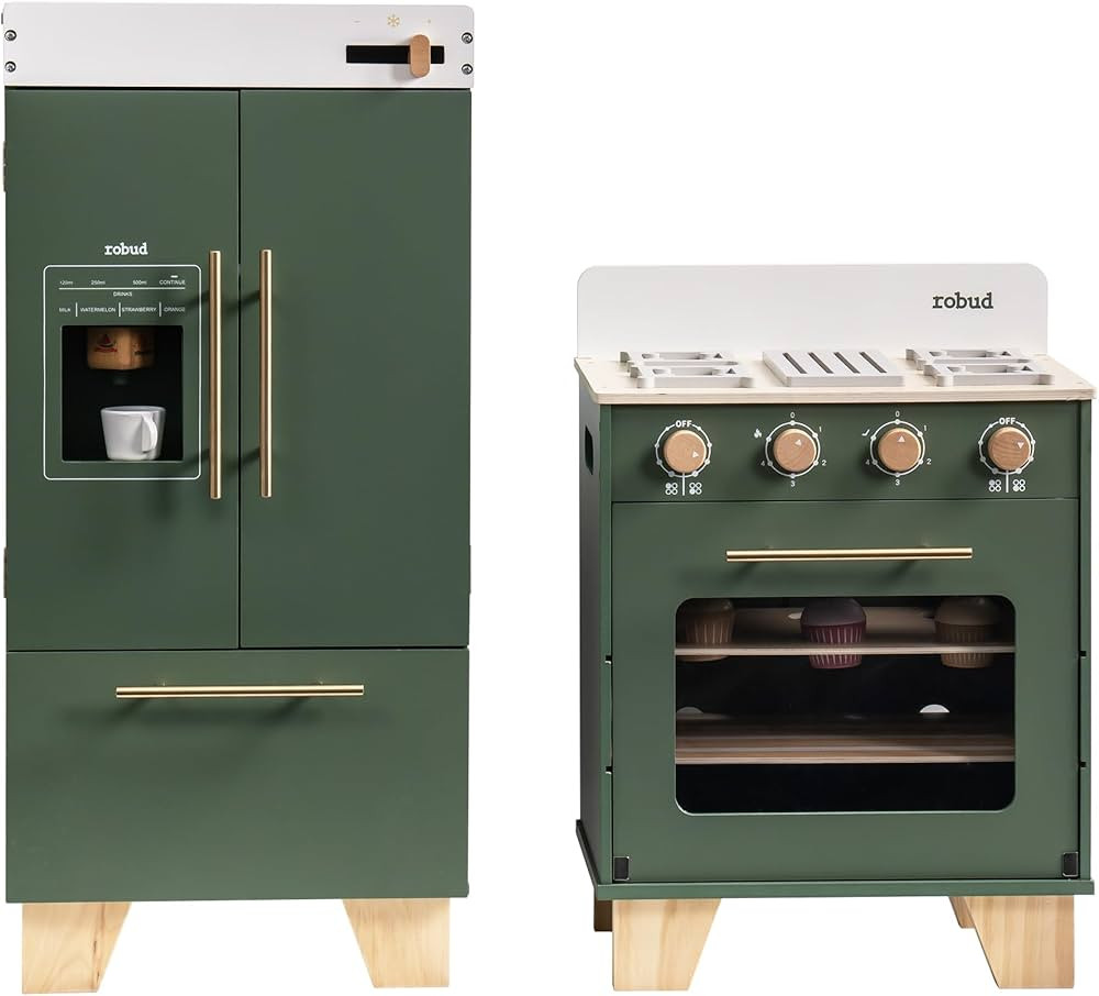 ROBUD Vintage Wooden Toy Kitchen Oven Bundle with Toy Fridge, Pretend Play Oven with Push-Pull Ba... | Amazon (US)