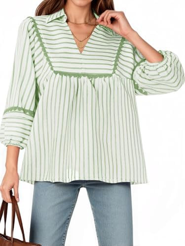 Tankaneo Womens Striped Babydoll Tops Oversized 3/4 Sleeve Peplum Blouse Loose Fit Pleated Cute S... | Amazon (US)