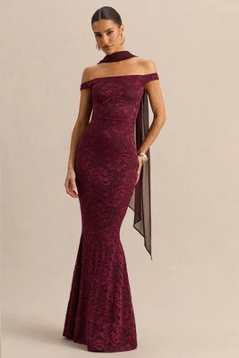 Iselle | Burgundy Lace Bardot-Neck Maxi Dress With Scarf-Detail | Club L London