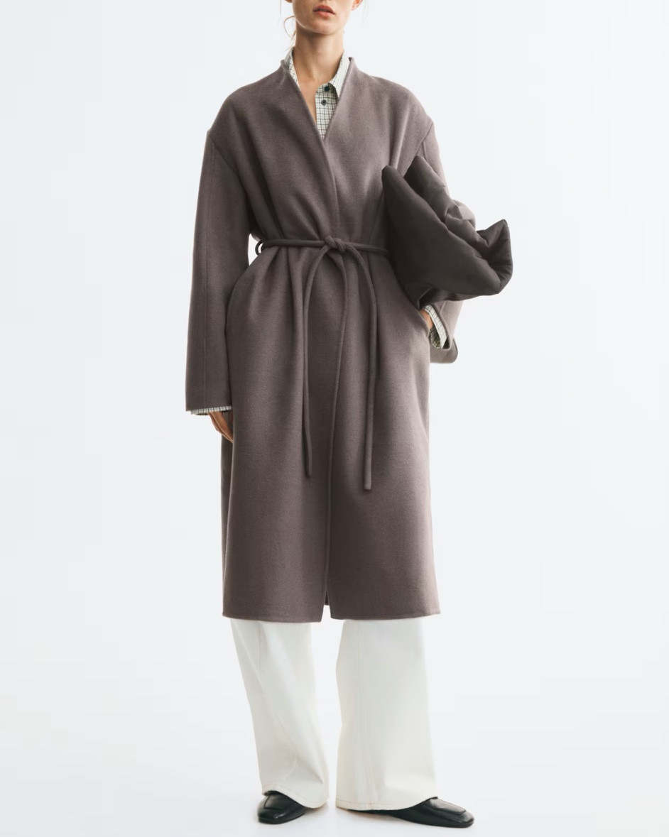 Taupe wool blend tie belt coat