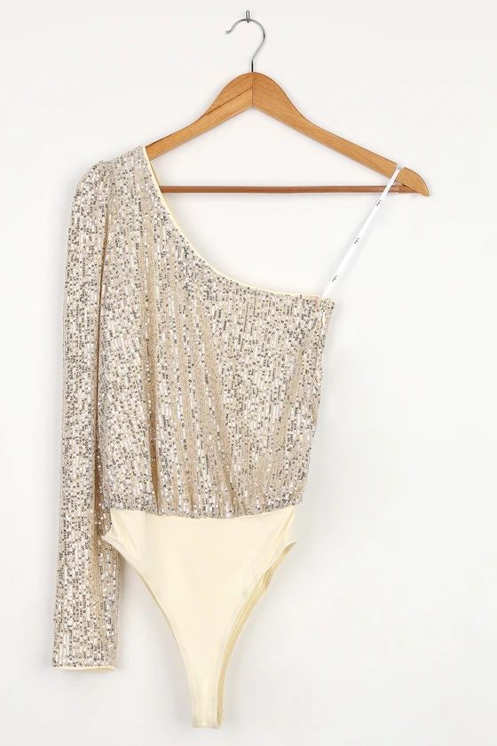 Dancing Diva Cream and Silver Sequin One-Shoulder Bodysuit | Lulus (US)