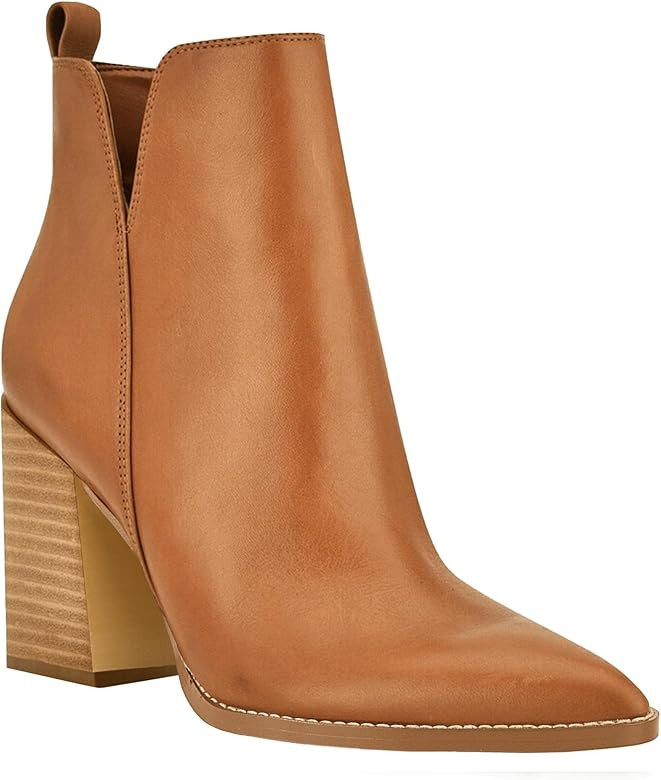 Juliet Holy Women's V Cut Ankle Boots Pointed Toe Stacked Chunky Heel Side Zipper Leather Cutout Western Booties | Amazon (US)