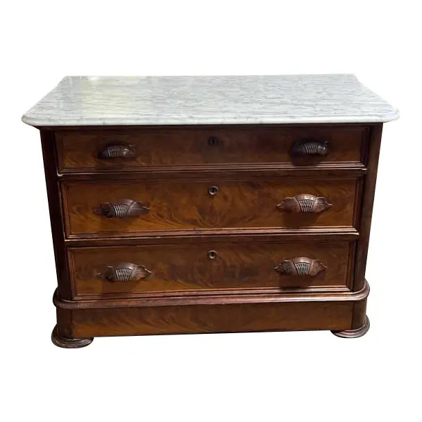 Antique Traditional Marble Topped Burl Wood Dresser | Chairish