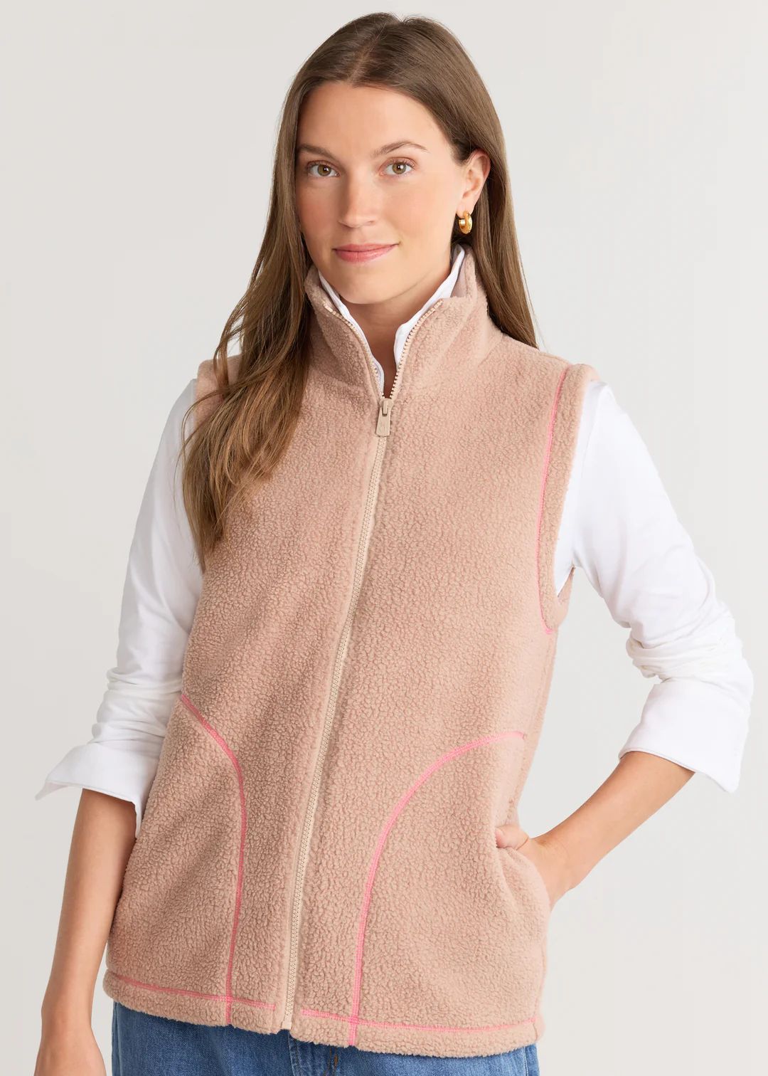 Hayes Vest in Sherpa Fleece (Khaki/Neon Pink) | Dudley Stephens