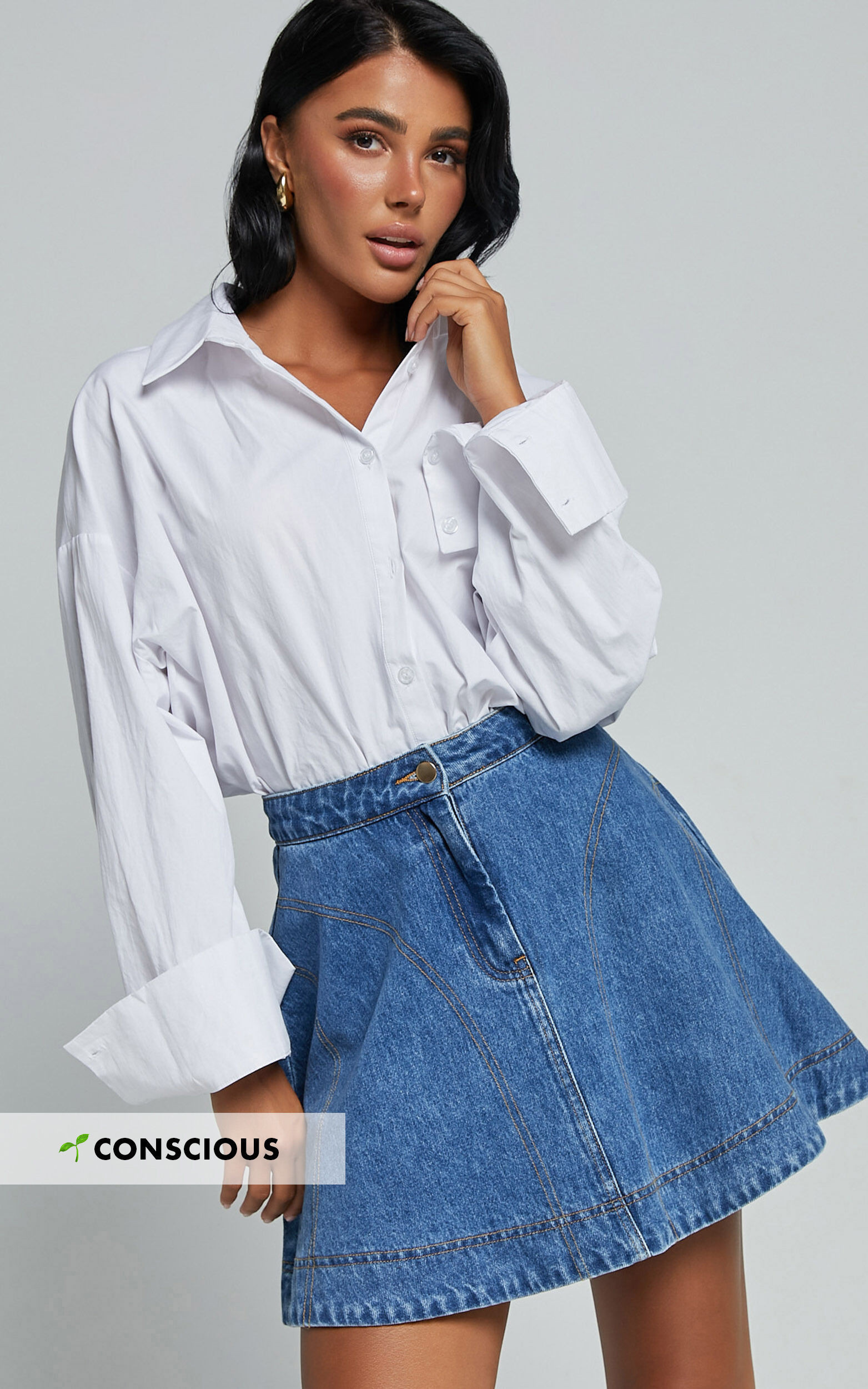 Koemi Skirt - High Waisted Denim Flare in Mid Blue Wash | Showpo (US, UK & Europe)