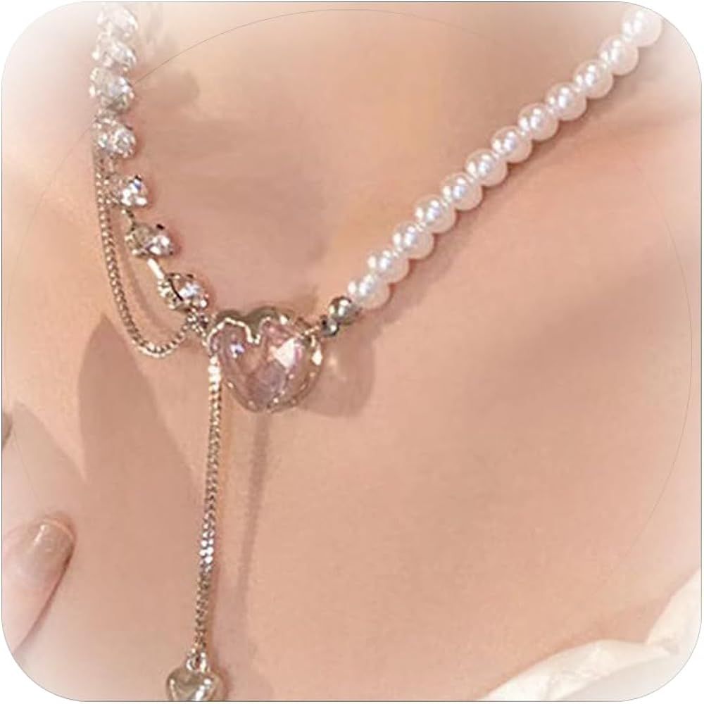 Pearl Necklace for Woman Adjustable Heart Pendant Necklace for Girls Sparkly Crystal Necklace Jew... | Amazon (US)