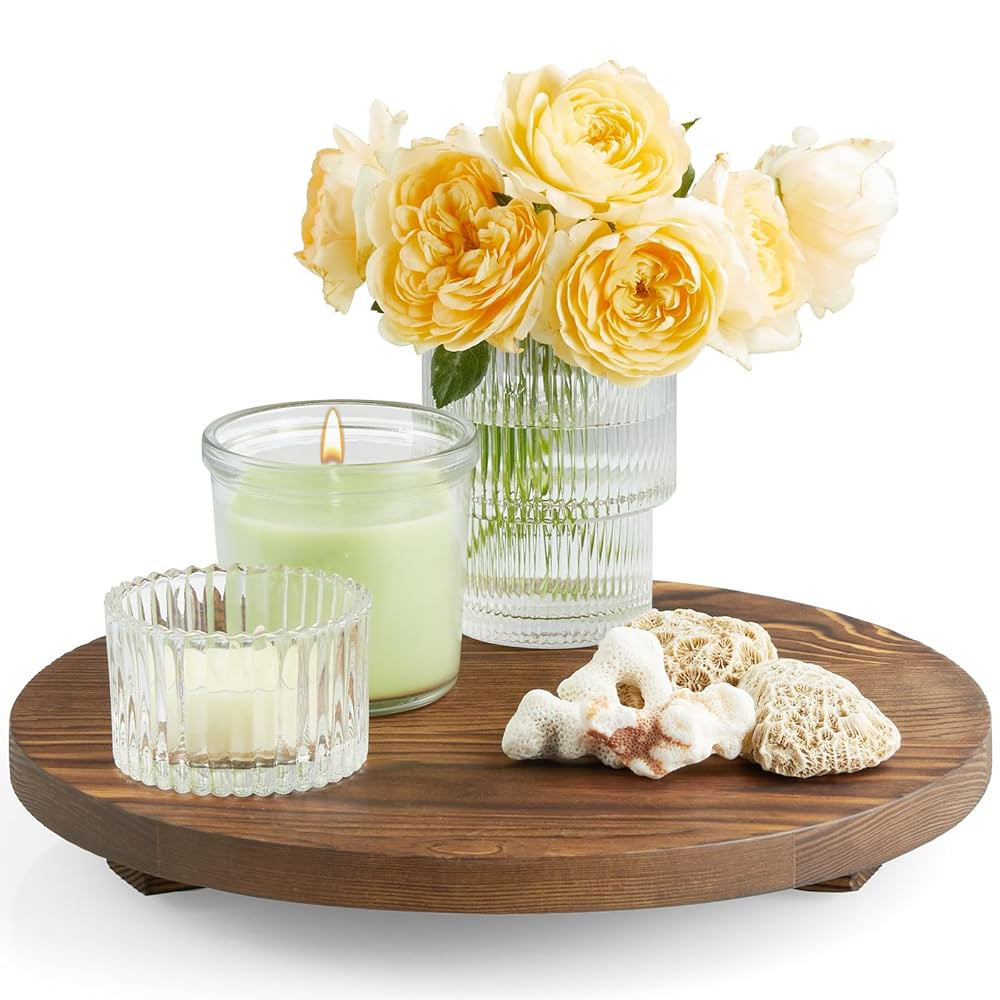 Round Decorative Tray Burnt Wood Pedestal Stand Farmhouse Bathroom Decor Kitchen Dish Soap Holder... | Amazon (US)