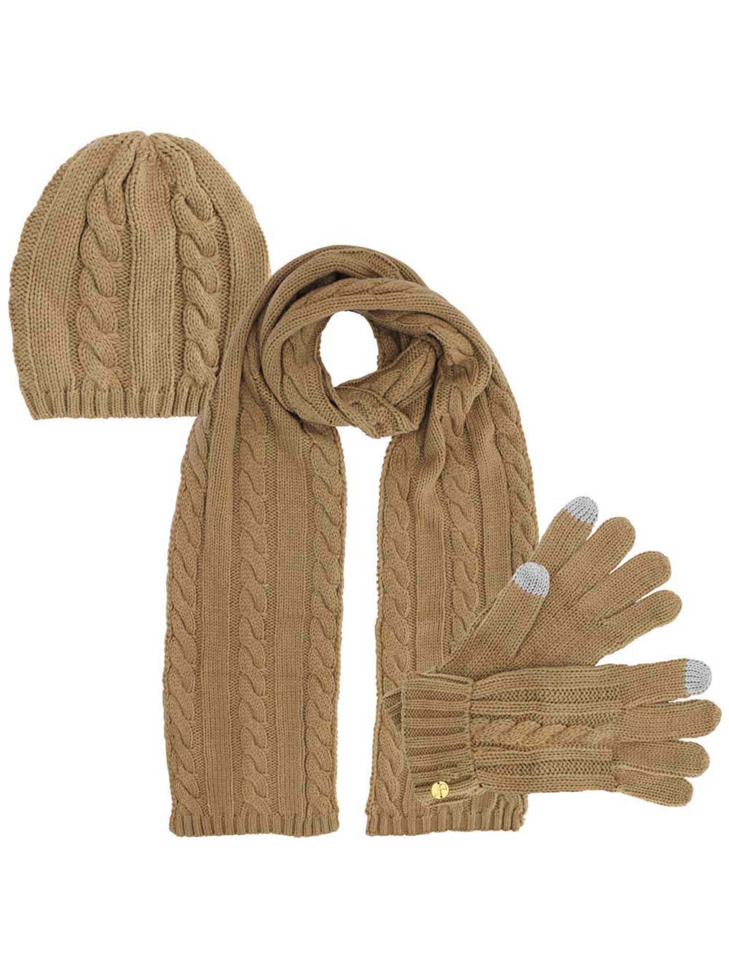 Beige 3 Piece Beanie Hat Texting Gloves & Matching Scarf Set - Walmart.com | Walmart (US)