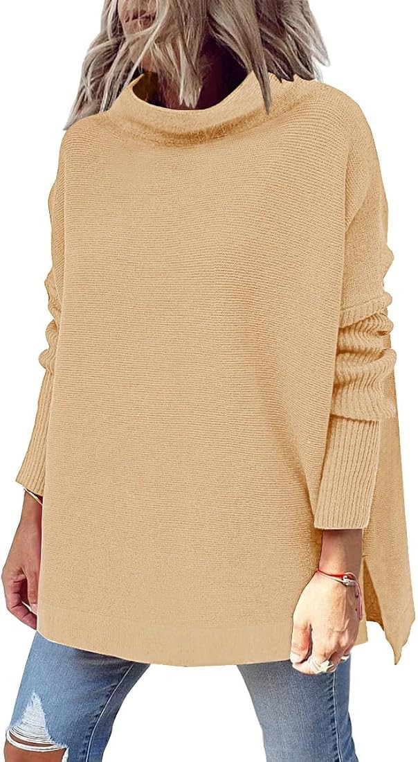 LILLUSORY Women's Mock Turtleneck Sweater Long Batwing Sleeve Split Hem Casual Oversized Knit Pul... | Amazon (US)