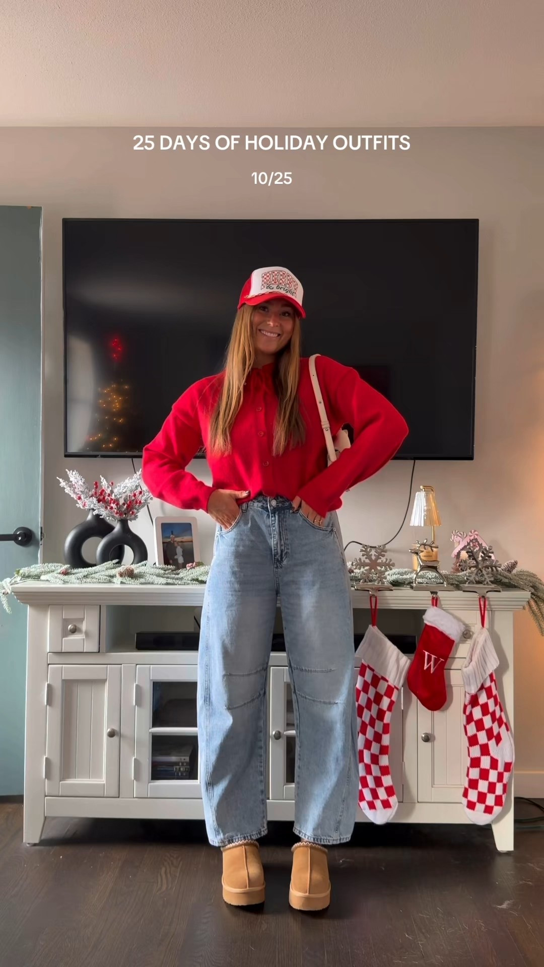 holiday outfit !!! comfiest cardigan is so cute work buttoned or undone. comes in several colors, i love the red for the holidays!! if i had to wear one pair of jeans for the rest of my life- it’d be these ones!!! fit true to size. i made this trucker hat 

#LTKFindsUnder100 #LTKHoliday #LTKootd