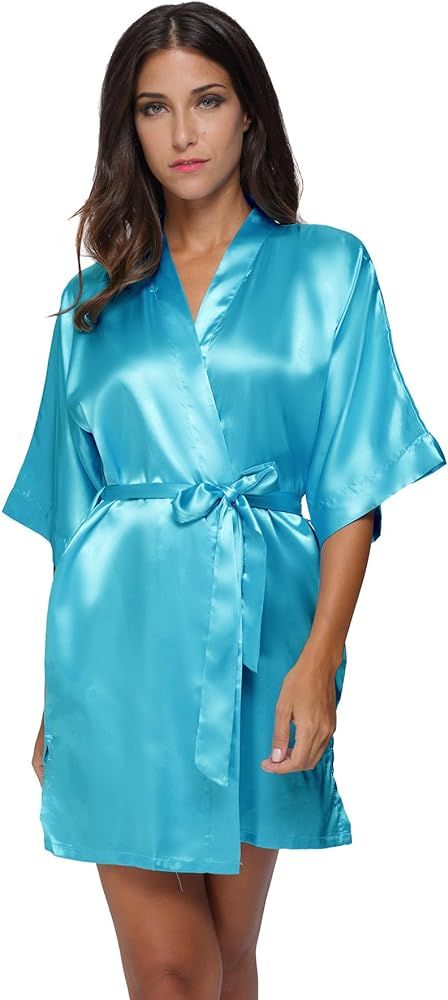 Women's Pure Colour Short Satin Kimono Robes with Oblique V-Neck | Amazon (US)