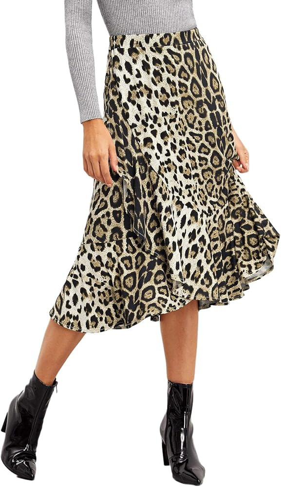 WDIRARA Women's Casual Leopard Print Ruffle Trim A Line Midi Skirt | Amazon (US)