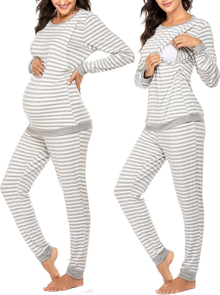 Ekouaer Maternity & Nursing Thermal Underwear Set Striped Knit Long Johns Set Top & Bottom Base Laye | Amazon (US)