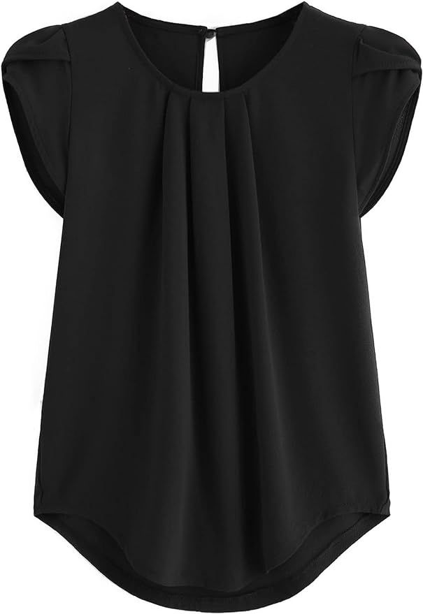 Milumia Women's Casual Round Neck Basic Pleated Top Cap Sleeve Curved Keyhole Back Blouse | Amazon (US)