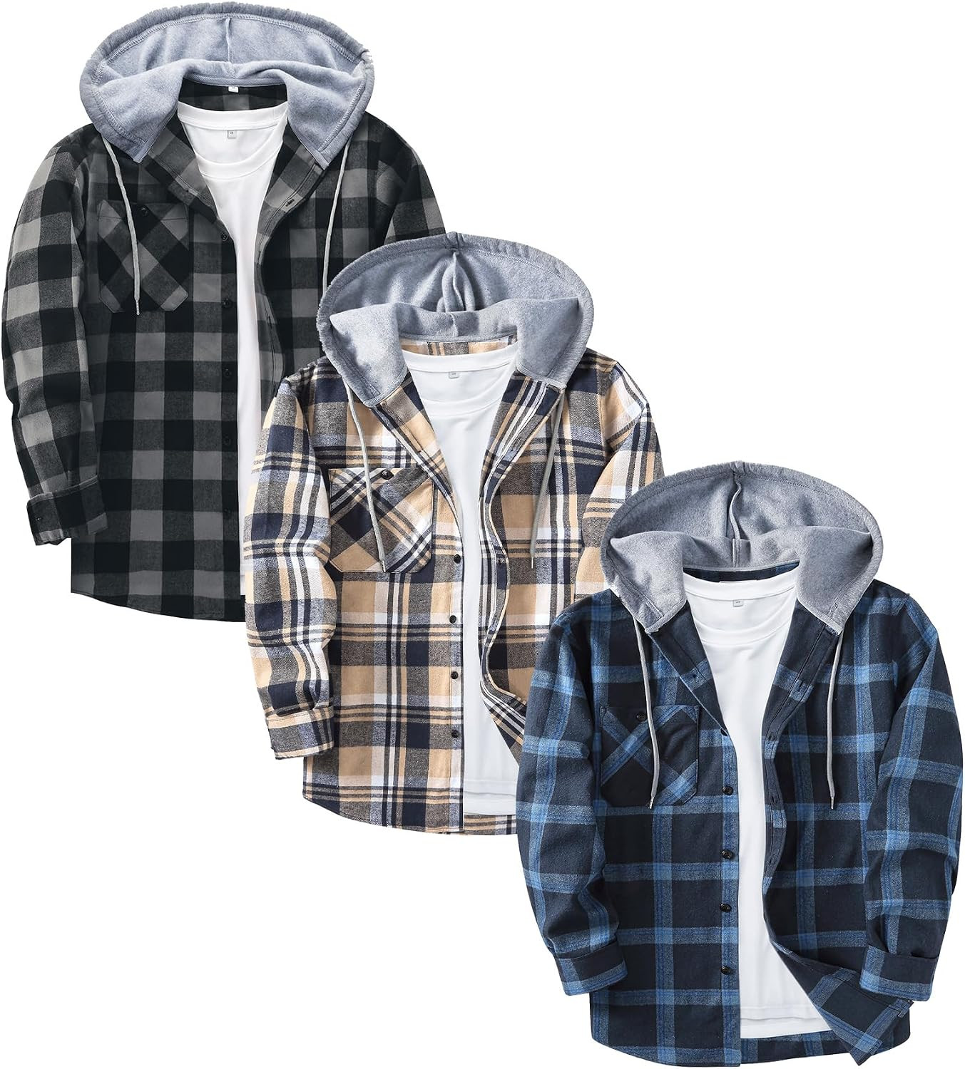 ZITY 3 Pack Men's Flannel Hoodie Shirts Long Sleeve Button Down Plaid Shirt | Amazon (US)