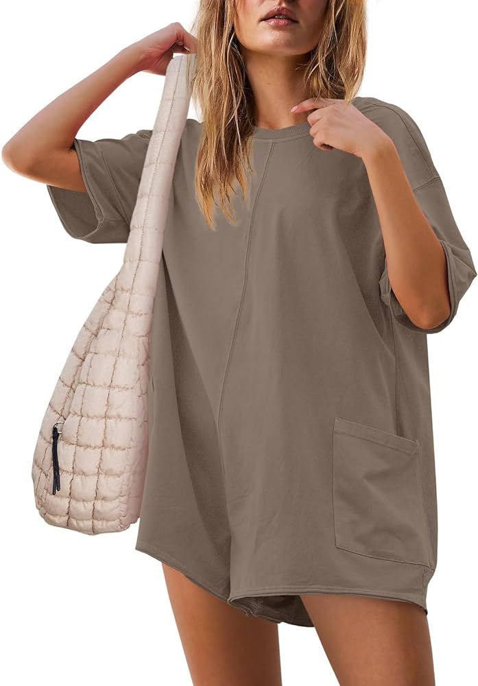 Yanekop Womens Oversized Romper Back V Neck Half Sleeve Jumpsuit Crewneck Tee Romper Overalls wit... | Amazon (US)