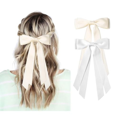 White and Beige Hair Bows for Women - 2Pcs Silkly Satin Hair Ribbon Bow with Metal Clips Hair Accessories for Girls | Amazon (US)