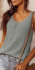 Women's V Neck Tank Tops Casual Sleeveless Tunic Shirts Basic Ribbed Tie Shoulder Strappy Knit Ca... | Amazon (US)