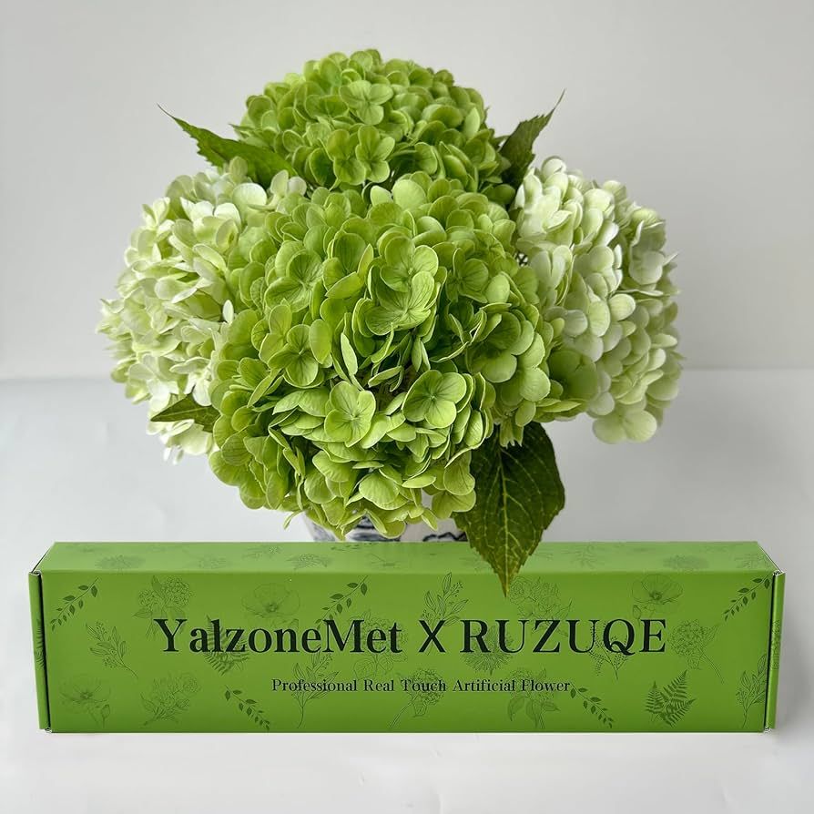 Hydrangea Artificial Flower Natural Lifelike Real 21 inch Latex Long Stem 2 Light Green+2 Dark Gr... | Amazon (US)