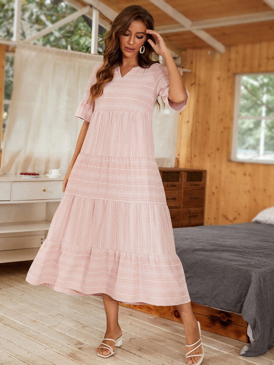 Striped Notch Neck Flounce Sleeve Dress | SHEIN