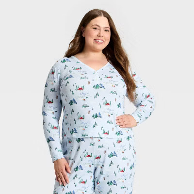 Women's "Tis the Ski-son!" Cozy Knit Long Sleeve Henley Holiday Matching Family Pajama Shirt - Wondershop™ Blue 1X | Target