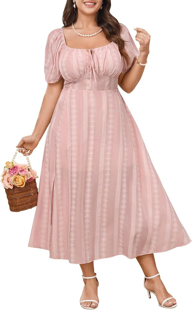 SCOMCHIC Womens Plus Size Summer Dresses Short Sleeve Square Neck Milkmaid Dress Tie Front Split ... | Amazon (US)