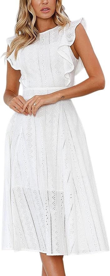 ECOWISH Womens Dresses Elegant Wedding Cocktail Ruffle Cap Sleeves Summer A-Line Midi Dress | Amazon (US)