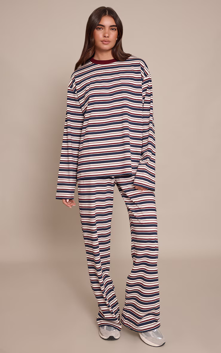 Burgundy Striped Wide Leg Drawstring Trousers | PrettyLittleThing UK