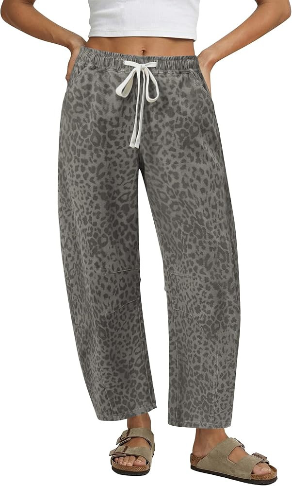 GRAPENT Barrel Jeans for Women Trendy High Waisted Pull On Wide Leg Cropped Leopard Cheetah Print... | Amazon (US)