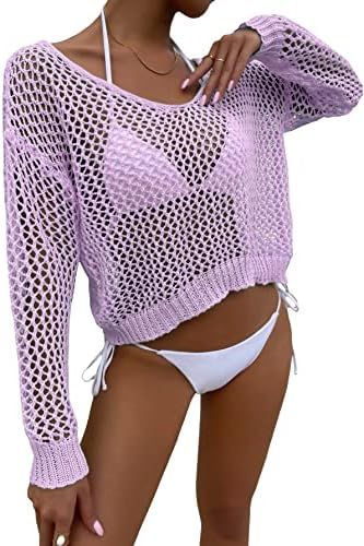 MakeMeChic Women's Bathing Suit Cover Ups Long Sleeve Crochet Swim Beach Cover Up Top | Amazon (US)