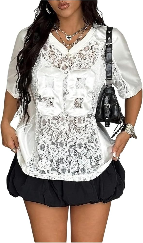GORGLITTER Women's Lace Jersey Shirts Mesh Sheer Y2K Oversized T Shirt     Number Graphic Tee, Sh... | Amazon (US)