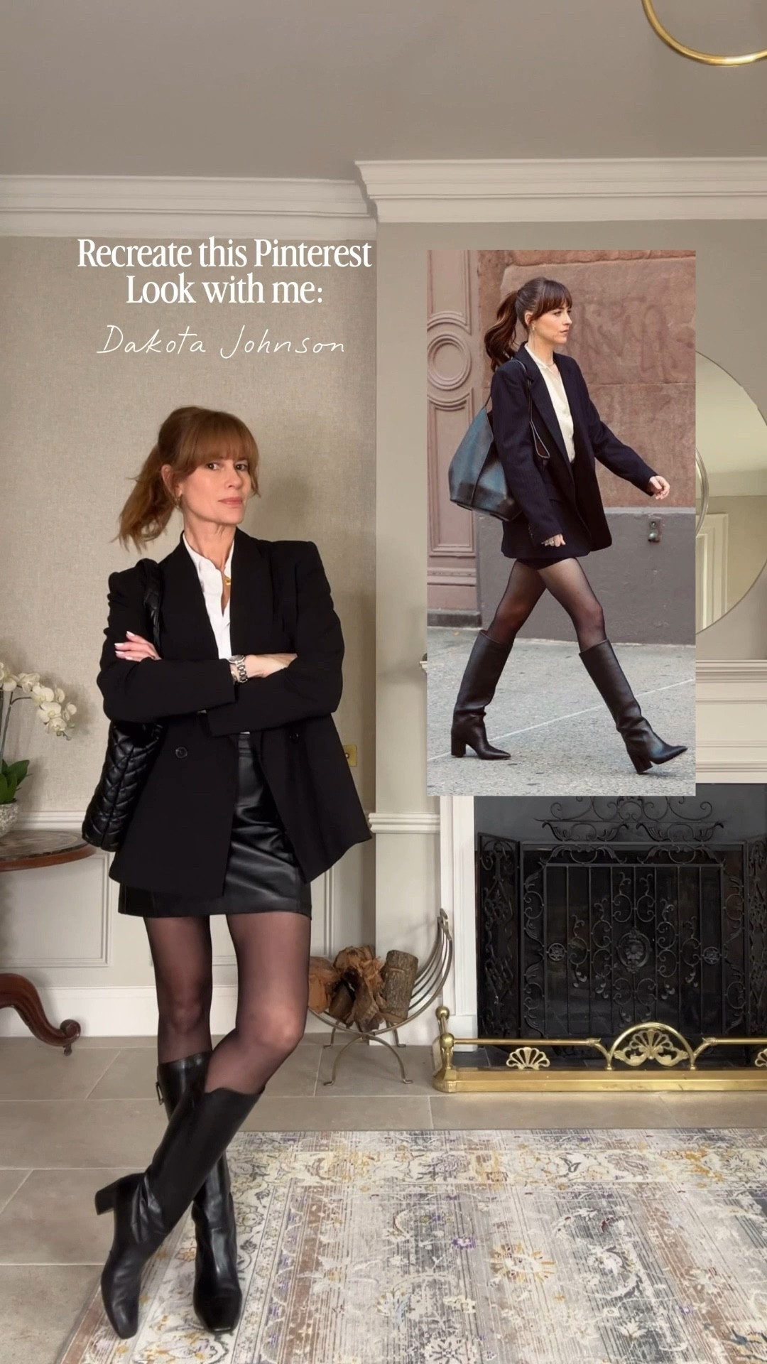 Pinterest Outift: Dakota Johnson
Black blazer size S
Faux leather mini skirt
Knee high boots 
White shirt 

#LTKautumn #LTKstyletip #LTKuk