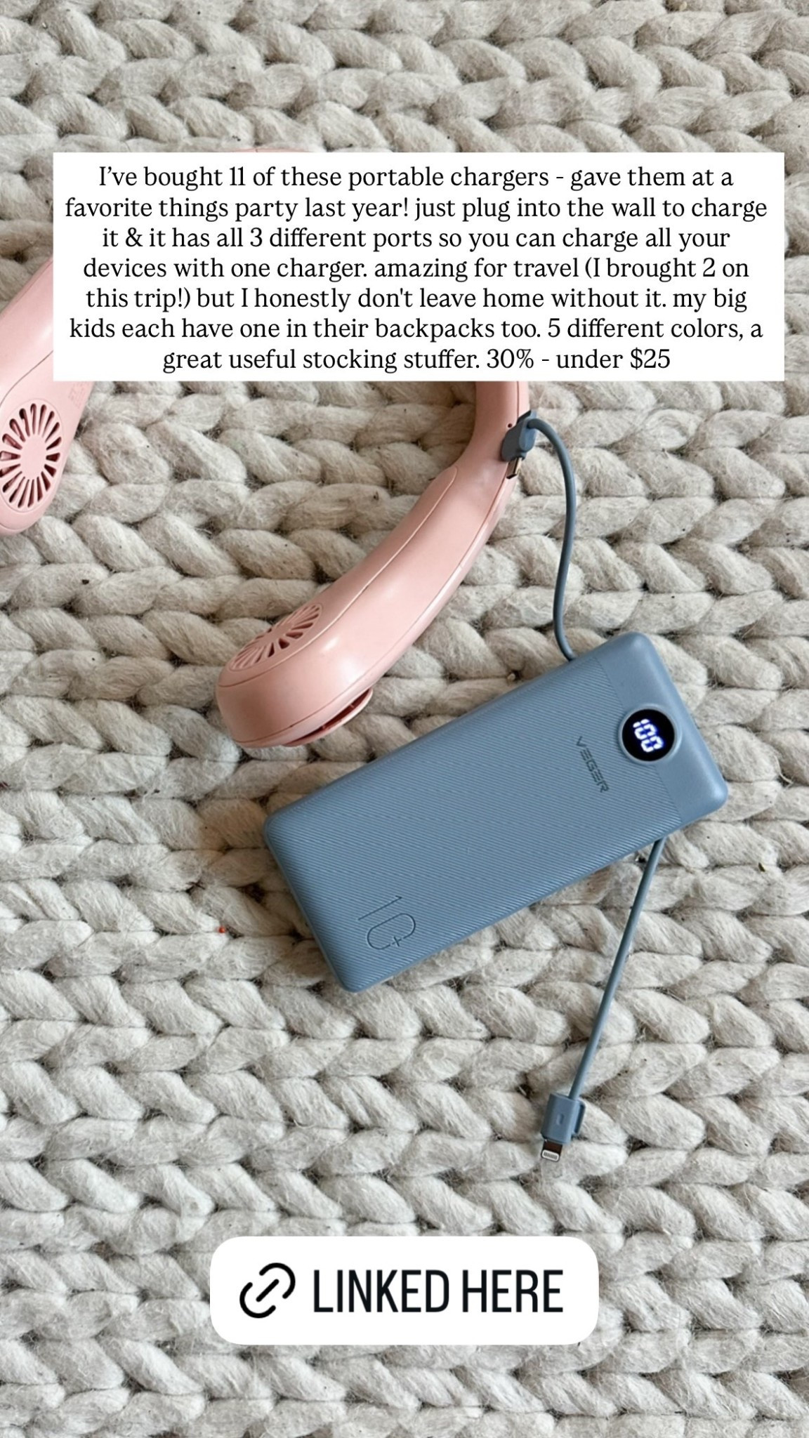 I've bought 1l of these portable chargers - gave them at a favorite things party last year! just plug into the wall to charge it & it has all 3 different ports so you can charge all your devices with one charger. amazing for travel (I brought 2 on this trip!) but I honestly don't leave home without it. my big kids each have one in their backpacks too. 5 different colors, a great useful stocking stuffer. 30% - under $25

#LTKFindsUnder50 #LTKTravel #LTKHome