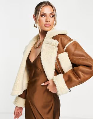 Aria Cove faux suede shearling cropped aviator jacket in tan | ASOS (Global)
