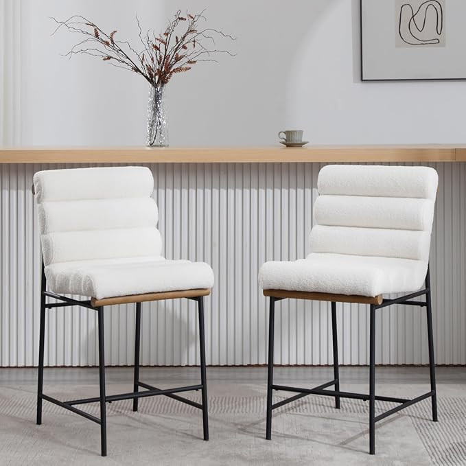 Modern Sherpa White Counter Stools Set of 2, 25" Seat Height Upholstered Counter Height Bar Stool... | Amazon (US)