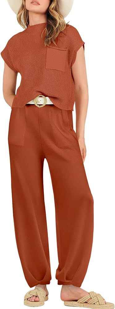 ANRABESS Women's Two Piece Outfits Sweater Sets Knit Pullover Tops and High Waisted Pants Tracksuit  | Amazon (US)