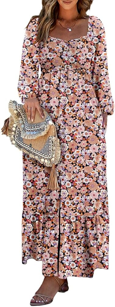 Dokotoo Womens Dresses 2024 Boho Dress Boho Outfits Floral Wedding Guest Dress Floral Fall Dress | Amazon (US)