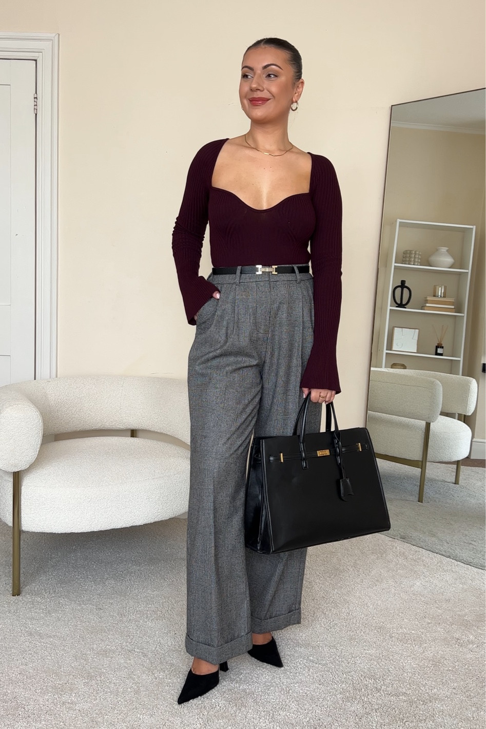 Grey trousers outfit. Grey and burgundy is one of my favourite colour combinations this season!
Top is from H&M, wearing size XS.
Trousers are from LilySilk, wearing size UK12.
Bag is last season from Mango.
Heels are from H&M.

#LTKstyletip #LTKeurope #LTKworkwear