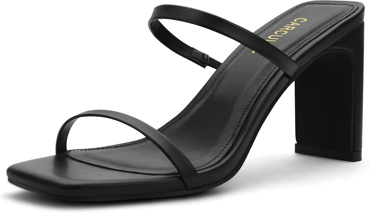 Carcuume Women's Square Toe Two Strap Open Toe Block Heels Sandals Slip On Shoes | Amazon (US)