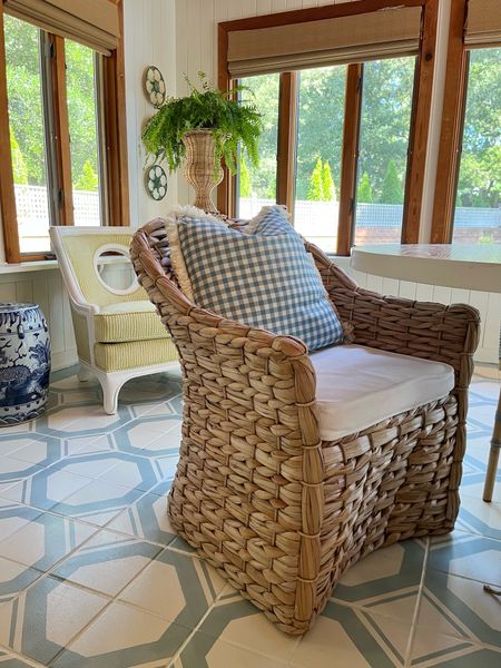 Blue and white checkered plaid outdoor pillows rattan furniture grandmillennial porch furniture 

#LTKHome #LTKFindsUnder50
