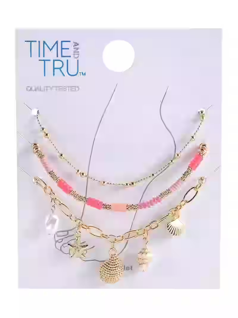 Time and Tru Adult Female Gold-Tone Metal Shell Charms, Ball Chain, and Acrylic Beaded 3pc Anklet... | Walmart (US)