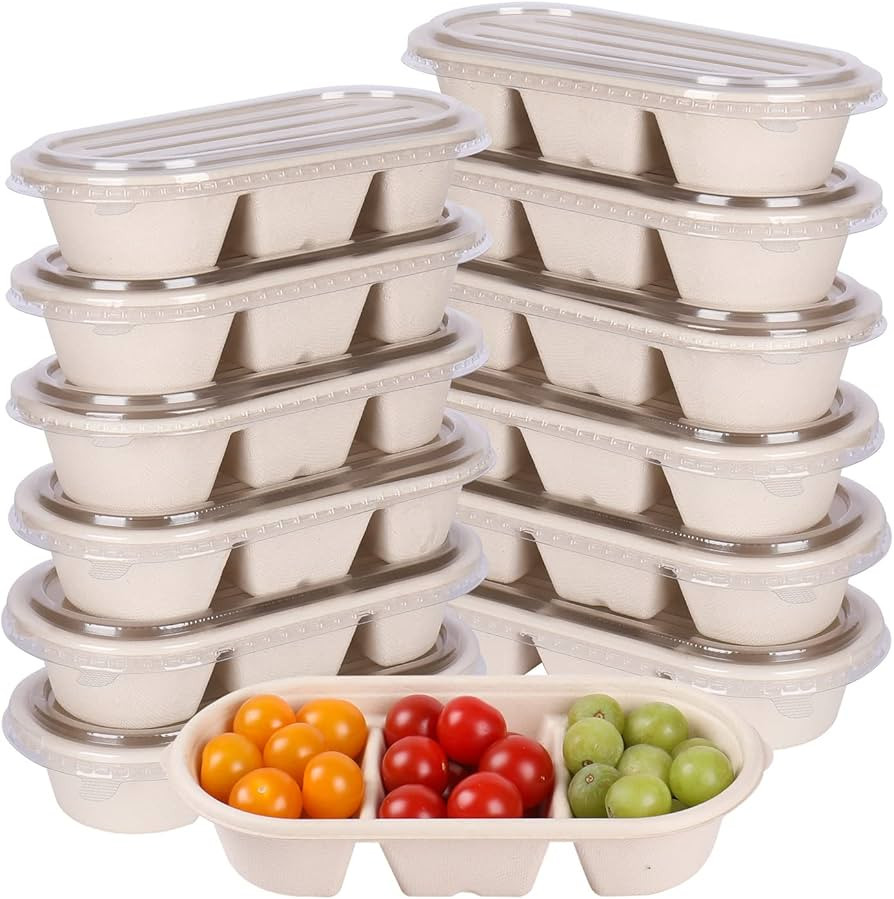 disposable paper bowls 18 oz 3 compartments with lids, Sugarcane Fiber For Snack, Dessert, Meal P... | Amazon (US)